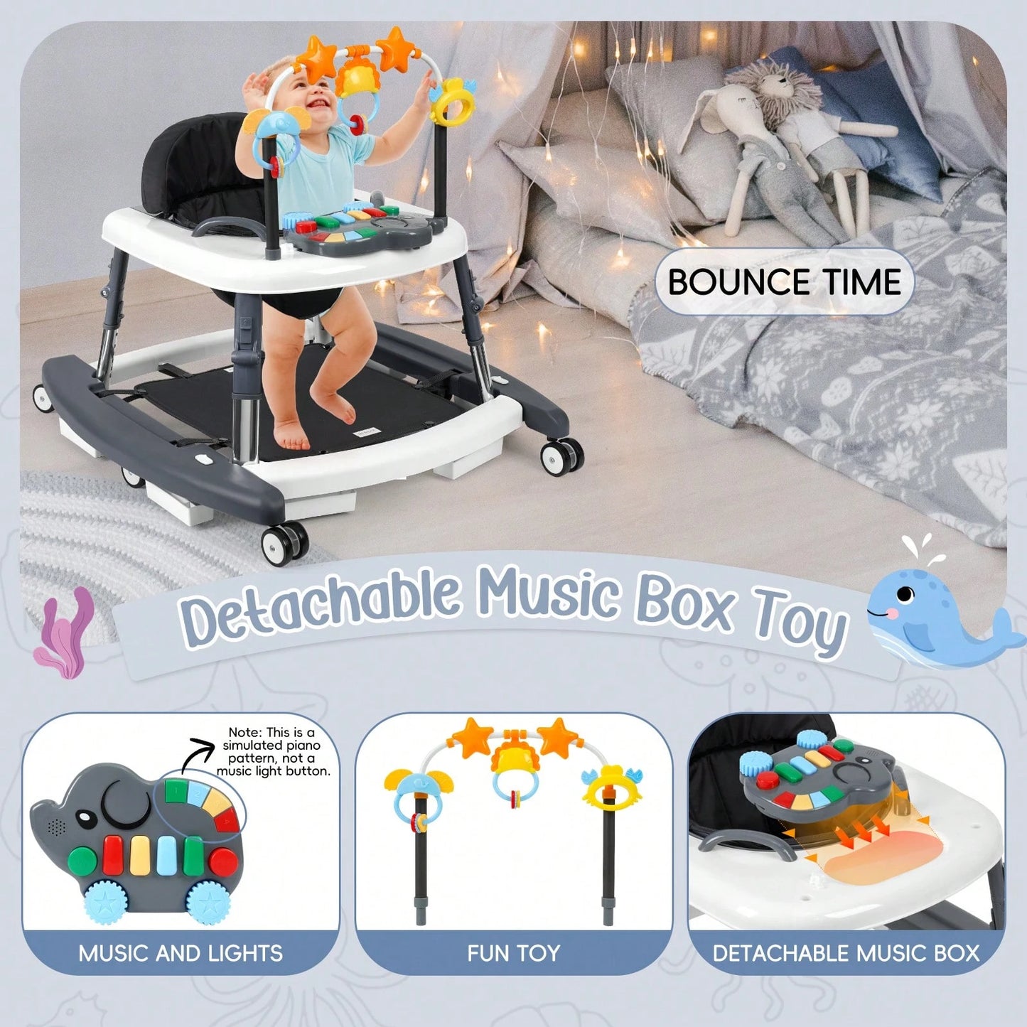 5-In-1 Foldable Baby Walker,5 Height Adjustable,Anti-Rollover Anti-Slip Base,Multi Modes Rocker,Infant Walker For Boys Girls,Baby Birthday Gift