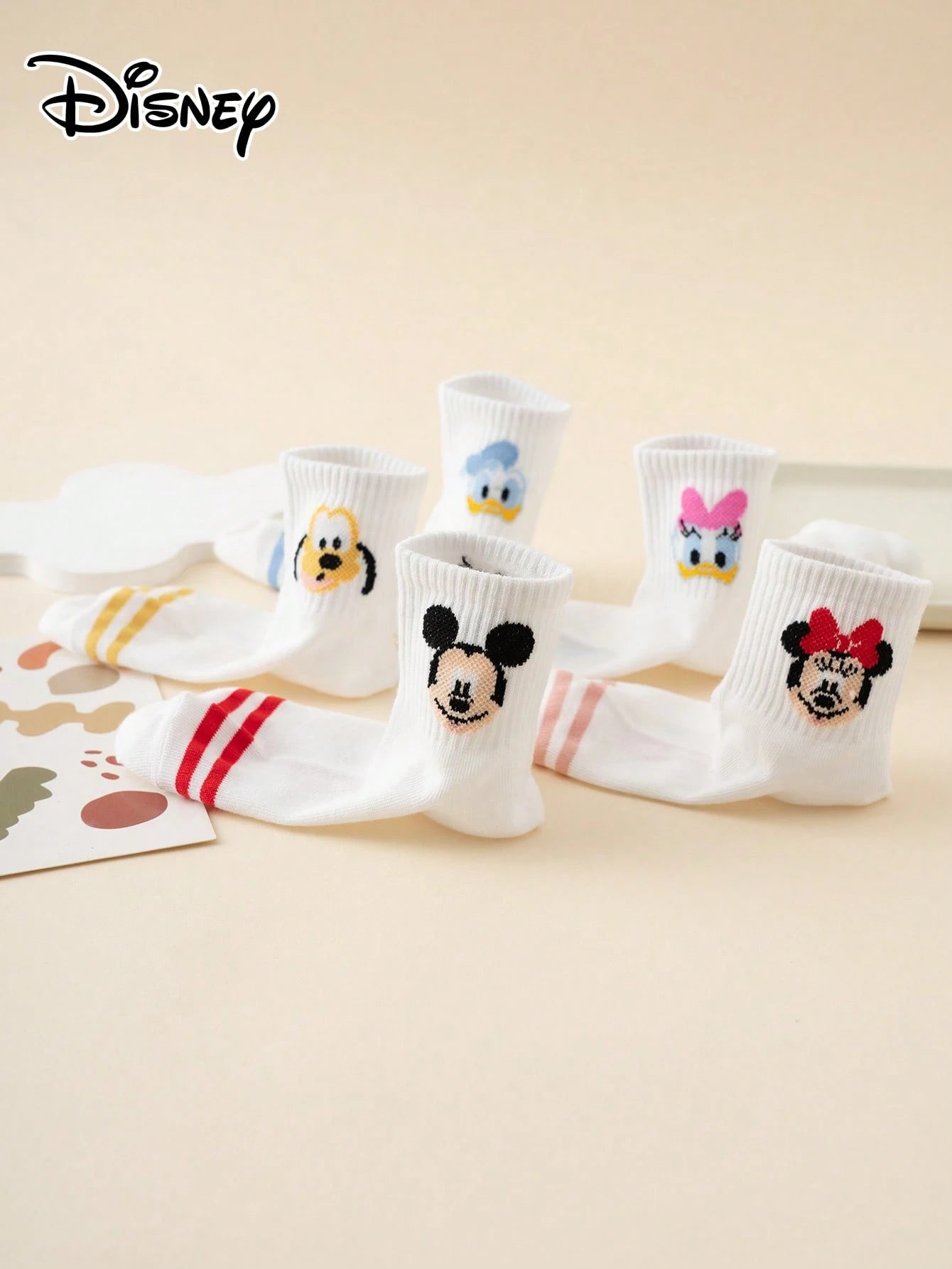 5 Pairs Cartoon Multi-Color Jacquard Disney Series Mickey Mouse Striped Pattern Children's Mid-Calf Socks