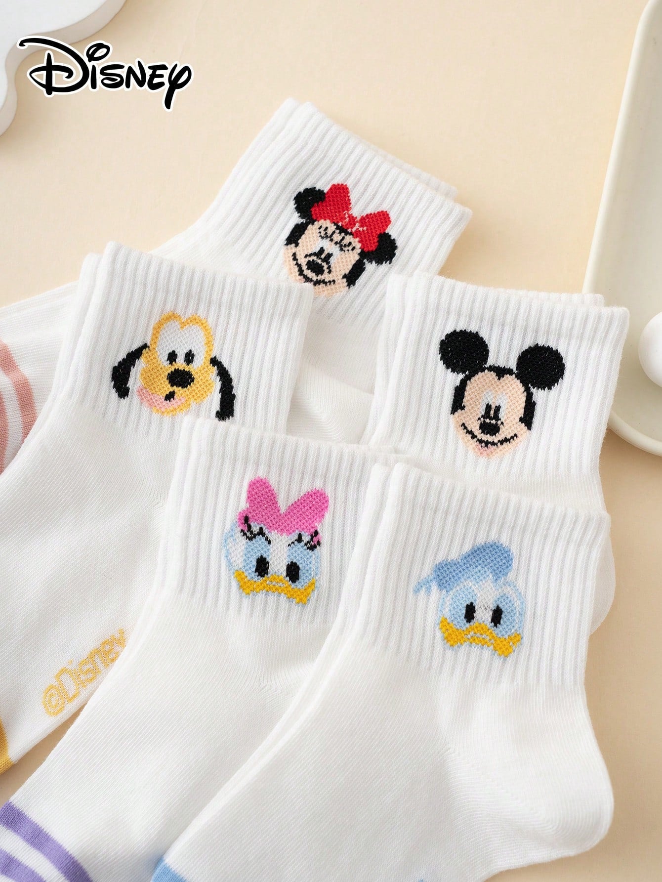 5 Pairs Cartoon Multi-Color Jacquard Disney Series Mickey Mouse Striped Pattern Children's Mid-Calf Socks