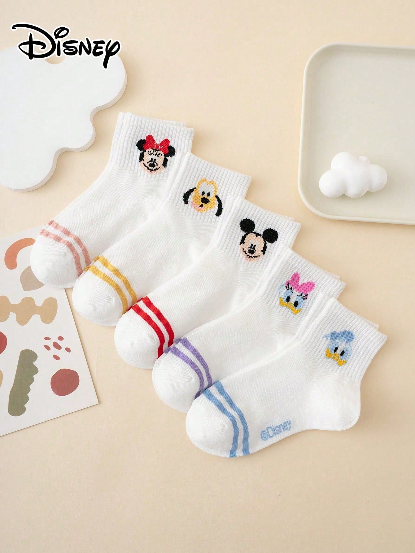 5 Pairs Cartoon Multi-Color Jacquard Disney Series Mickey Mouse Striped Pattern Children's Mid-Calf Socks