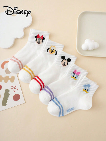 5 Pairs Cartoon Multi-Color Jacquard Disney Series Mickey Mouse Striped Pattern Children's Mid-Calf Socks