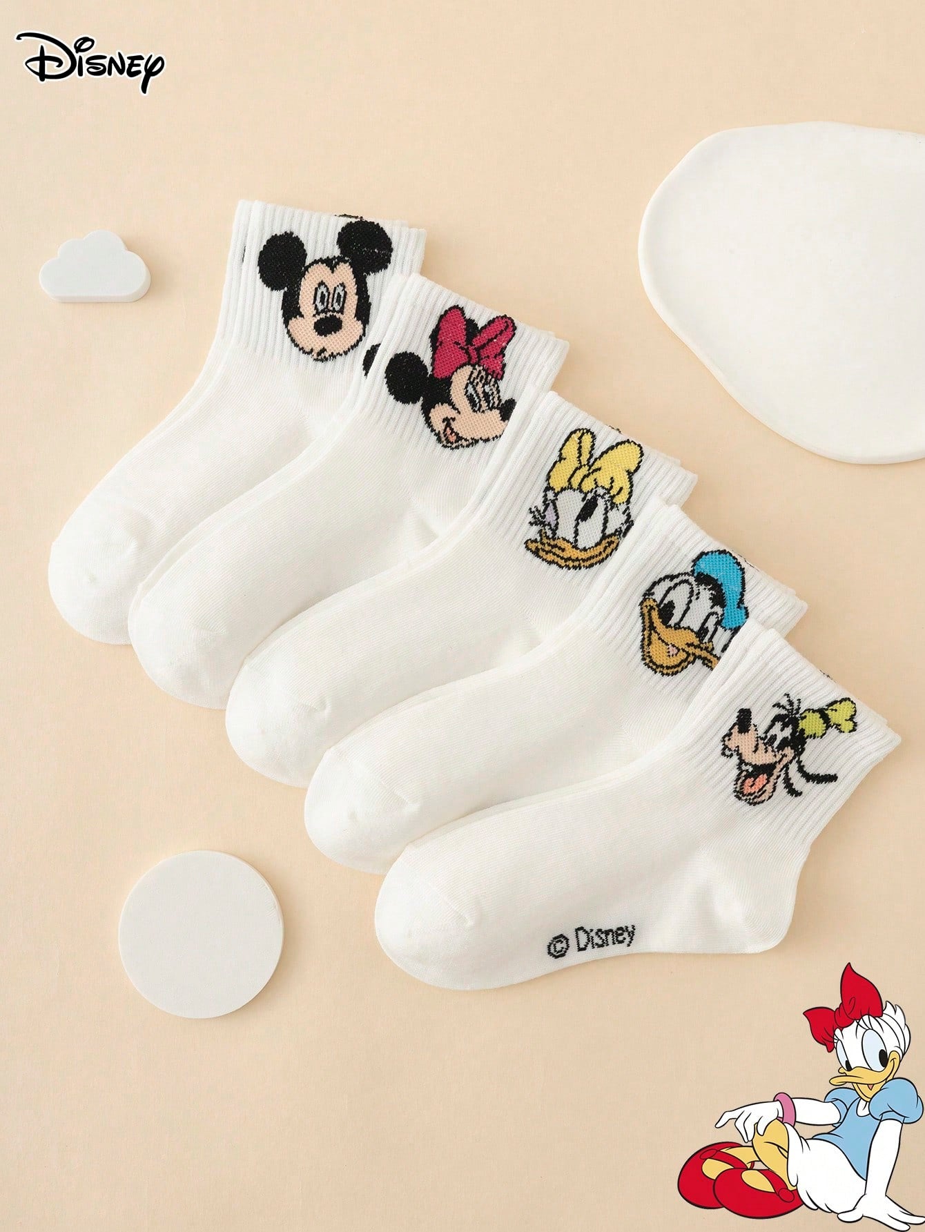5 Pairs Disney Authentic Mickey Minnie Bow Pattern Kids Mid-Calf Socks