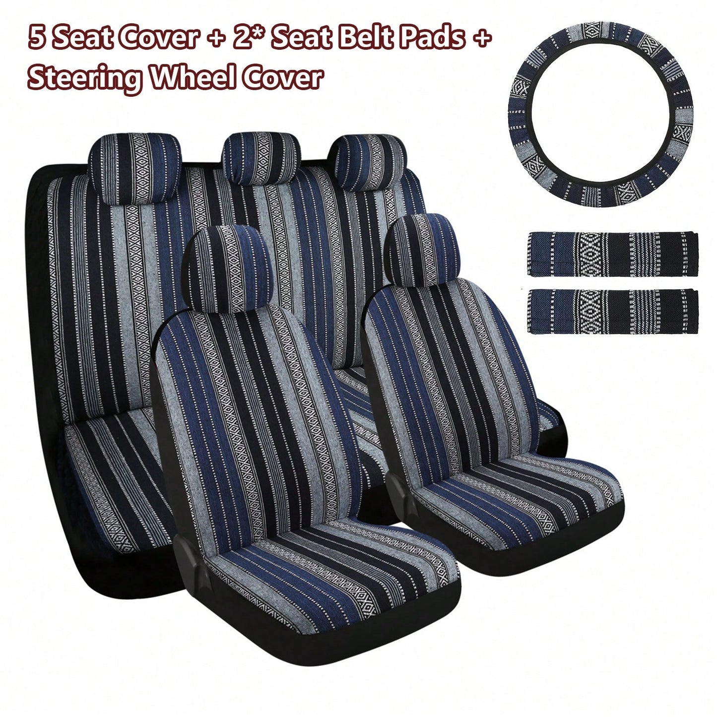 5-Seat Baja Striped Saddle Blanket Car Seat Covers Full Set- Universal Fit For Sedan SUV Truck| Breathable Woven Fabric| Includes Front Seat Covers + Solid Bench Covers, Seat Belt Pads & Steering W