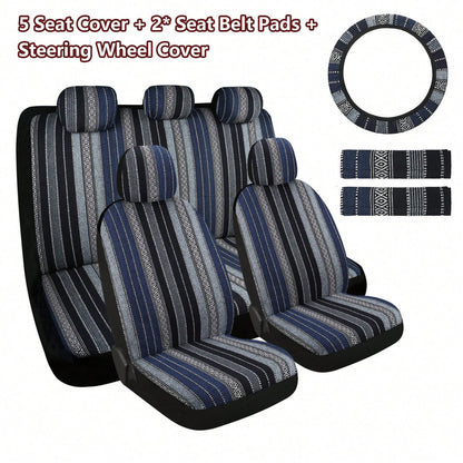 5-Seat Baja Striped Saddle Blanket Car Seat Covers Full Set- Universal Fit For Sedan SUV Truck| Breathable Woven Fabric| Includes Front Seat Covers + Solid Bench Covers, Seat Belt Pads & Steering W