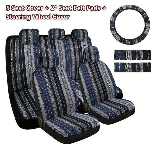 5-Seat Baja Striped Saddle Blanket Car Seat Covers Full Set- Universal Fit For Sedan SUV Truck| Breathable Woven Fabric| Includes Front Seat Covers + Solid Bench Covers, Seat Belt Pads & Steering W