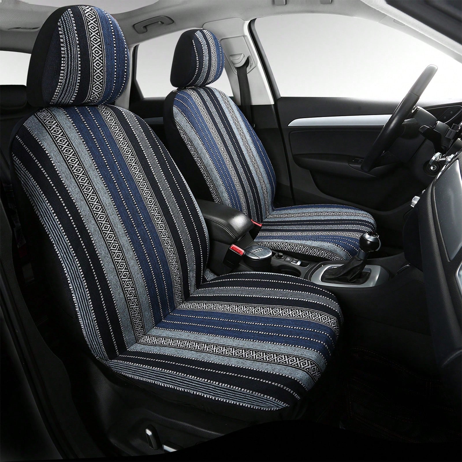 5-Seat Baja Striped Saddle Blanket Car Seat Covers Full Set- Universal Fit For Sedan SUV Truck| Breathable Woven Fabric| Includes Front Seat Covers + Solid Bench Covers, Seat Belt Pads & Steering W