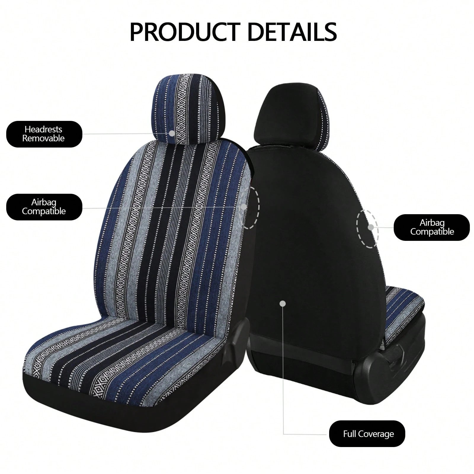 5-Seat Baja Striped Saddle Blanket Car Seat Covers Full Set- Universal Fit For Sedan SUV Truck| Breathable Woven Fabric| Includes Front Seat Covers + Solid Bench Covers, Seat Belt Pads & Steering W