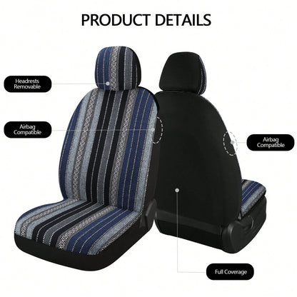 5-Seat Baja Striped Saddle Blanket Car Seat Covers Full Set- Universal Fit For Sedan SUV Truck| Breathable Woven Fabric| Includes Front Seat Covers + Solid Bench Covers, Seat Belt Pads & Steering W