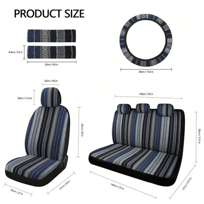 5-Seat Baja Striped Saddle Blanket Car Seat Covers Full Set- Universal Fit For Sedan SUV Truck| Breathable Woven Fabric| Includes Front Seat Covers + Solid Bench Covers, Seat Belt Pads & Steering W