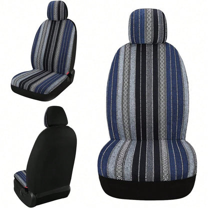 5-Seat Baja Striped Saddle Blanket Car Seat Covers Full Set- Universal Fit For Sedan SUV Truck| Breathable Woven Fabric| Includes Front Seat Covers + Solid Bench Covers, Seat Belt Pads & Steering W