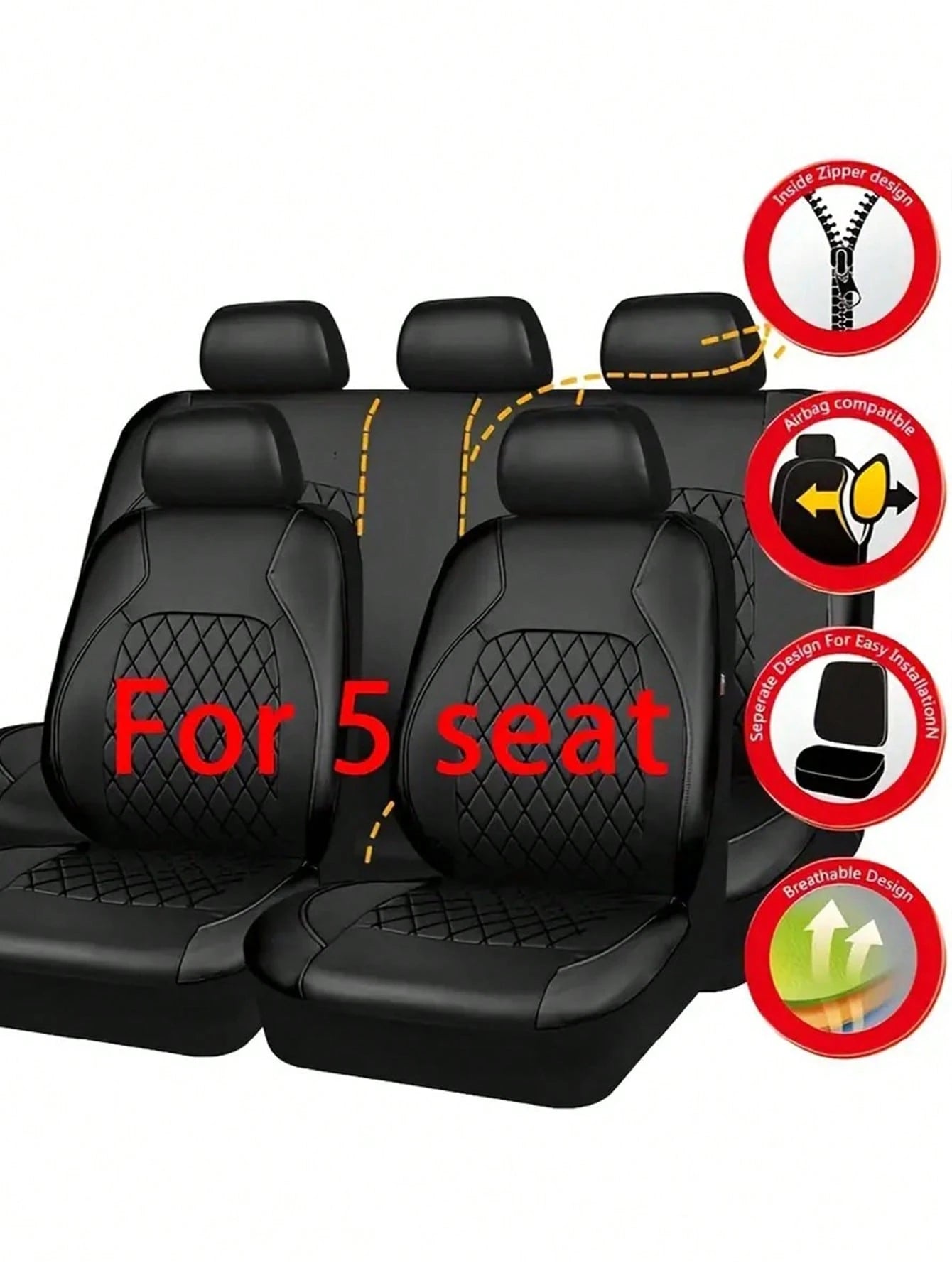 5 Seat Deluxe All-Season Quilted Faux Leather Car Seat Covers- Comfy Sponge-Padding, Universal Fit,Car Seat Cover Full Set
