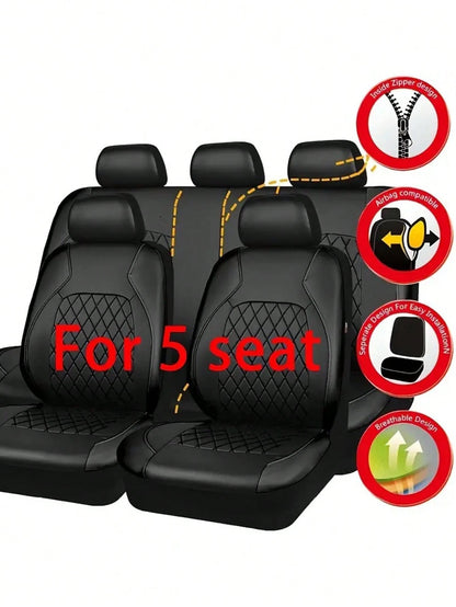 5 Seat Deluxe All-Season Quilted Faux Leather Car Seat Covers- Comfy Sponge-Padding, Universal Fit,Car Seat Cover Full Set