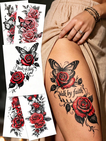5 Sheets Of Colorful Butterfly Tattoo Stickers, Fake Tattoos With Butterfly And Flower Pattern Designs, Waterproof Realistic Easy-To-Use Temporary Tattoo, Suitable For Use On Legs, Abdomen And Arms, A