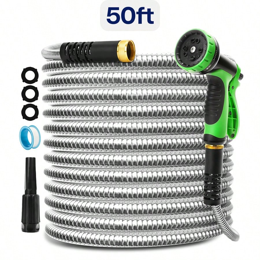 50/100 Feet Garden Stainless Steel Water Hose With Three Fittings Sprinklers & 10 Nozzles Flexible Durable Kink-Free Puncture Resistant Metal Hose For Patio Outdoor Use