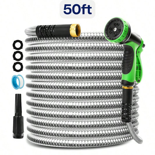 50/100 Feet Garden Stainless Steel Water Hose With Three Fittings Sprinklers & 10 Nozzles Flexible Durable Kink-Free Puncture Resistant Metal Hose For Patio Outdoor Use