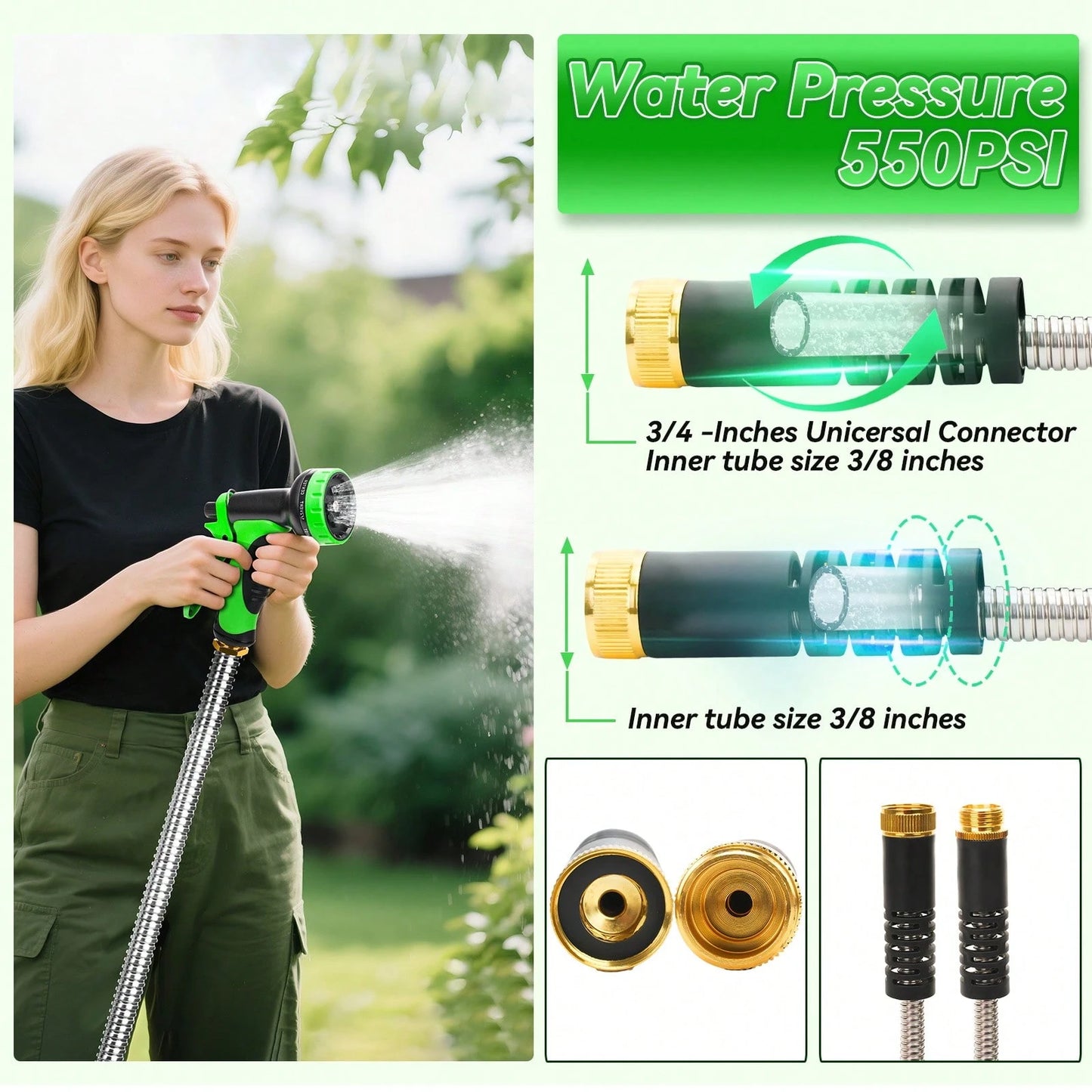 50/100 Feet Garden Stainless Steel Water Hose With Three Fittings Sprinklers & 10 Nozzles Flexible Durable Kink-Free Puncture Resistant Metal Hose For Patio Outdoor Use