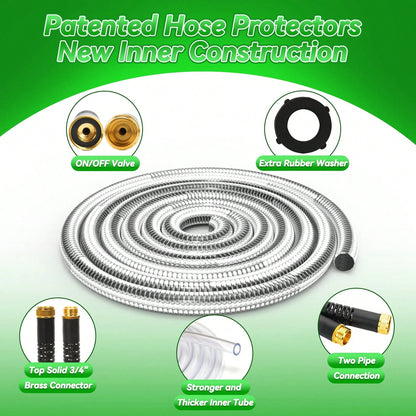 50/100 Feet Garden Stainless Steel Water Hose With Three Fittings Sprinklers & 10 Nozzles Flexible Durable Kink-Free Puncture Resistant Metal Hose For Patio Outdoor Use