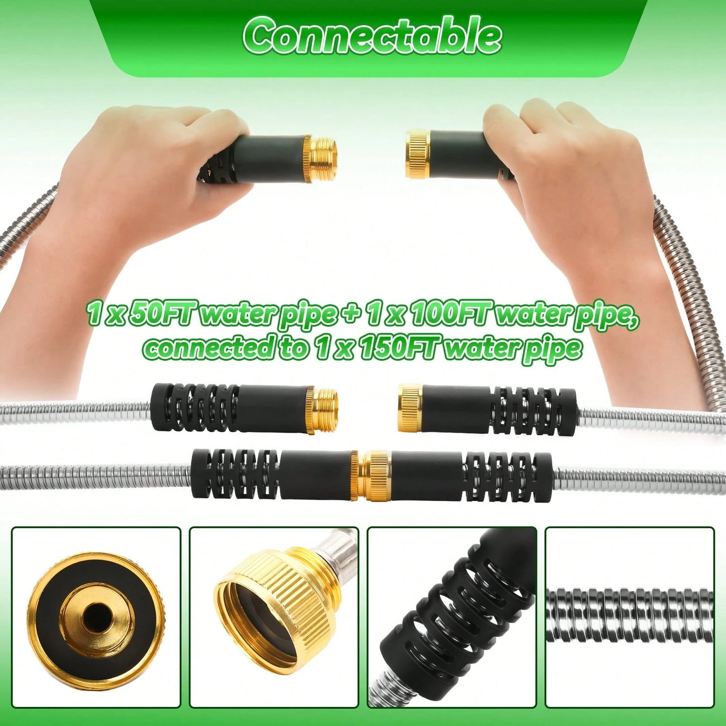 50/100 Feet Garden Stainless Steel Water Hose With Three Fittings Sprinklers & 10 Nozzles Flexible Durable Kink-Free Puncture Resistant Metal Hose For Patio Outdoor Use