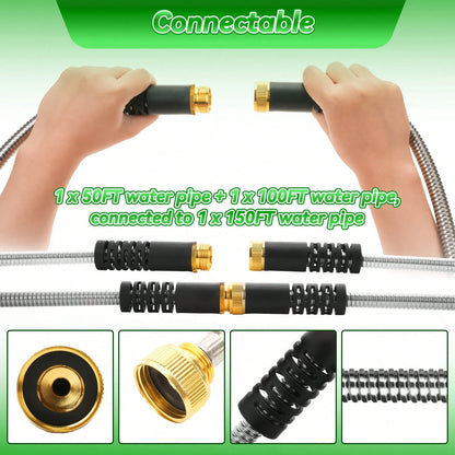 50/100 Feet Garden Stainless Steel Water Hose With Three Fittings Sprinklers & 10 Nozzles Flexible Durable Kink-Free Puncture Resistant Metal Hose For Patio Outdoor Use