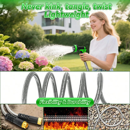 50/100 Feet Garden Stainless Steel Water Hose With Three Fittings Sprinklers & 10 Nozzles Flexible Durable Kink-Free Puncture Resistant Metal Hose For Patio Outdoor Use