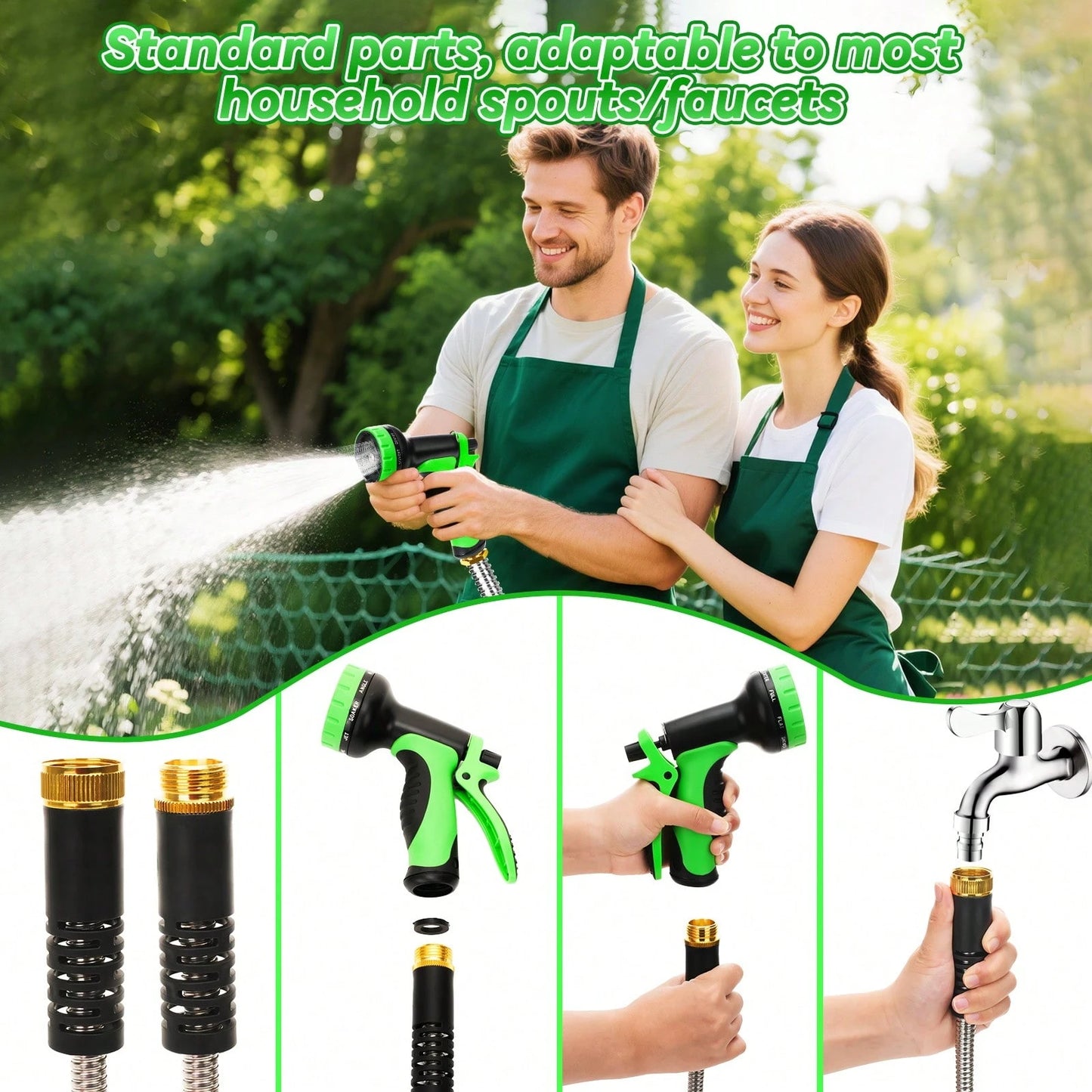 50/100 Feet Garden Stainless Steel Water Hose With Three Fittings Sprinklers & 10 Nozzles Flexible Durable Kink-Free Puncture Resistant Metal Hose For Patio Outdoor Use