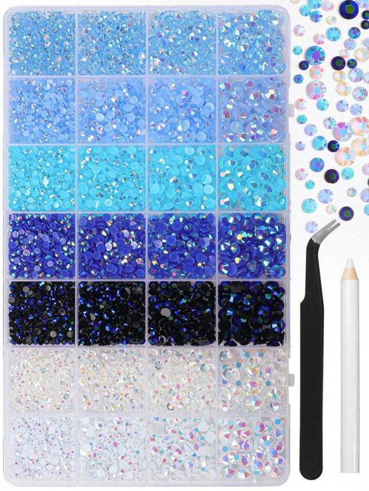 5000pcs Blue Rhinestone Decor, Jelly-Like Resin Gemstones 3-5mm, Blue And White Gemstone Decor Set, Suitable For Handmade, Flat-Bottom Light Blue AB Gemstones, Suitable For Nail Art, Face Makeup, Tumb