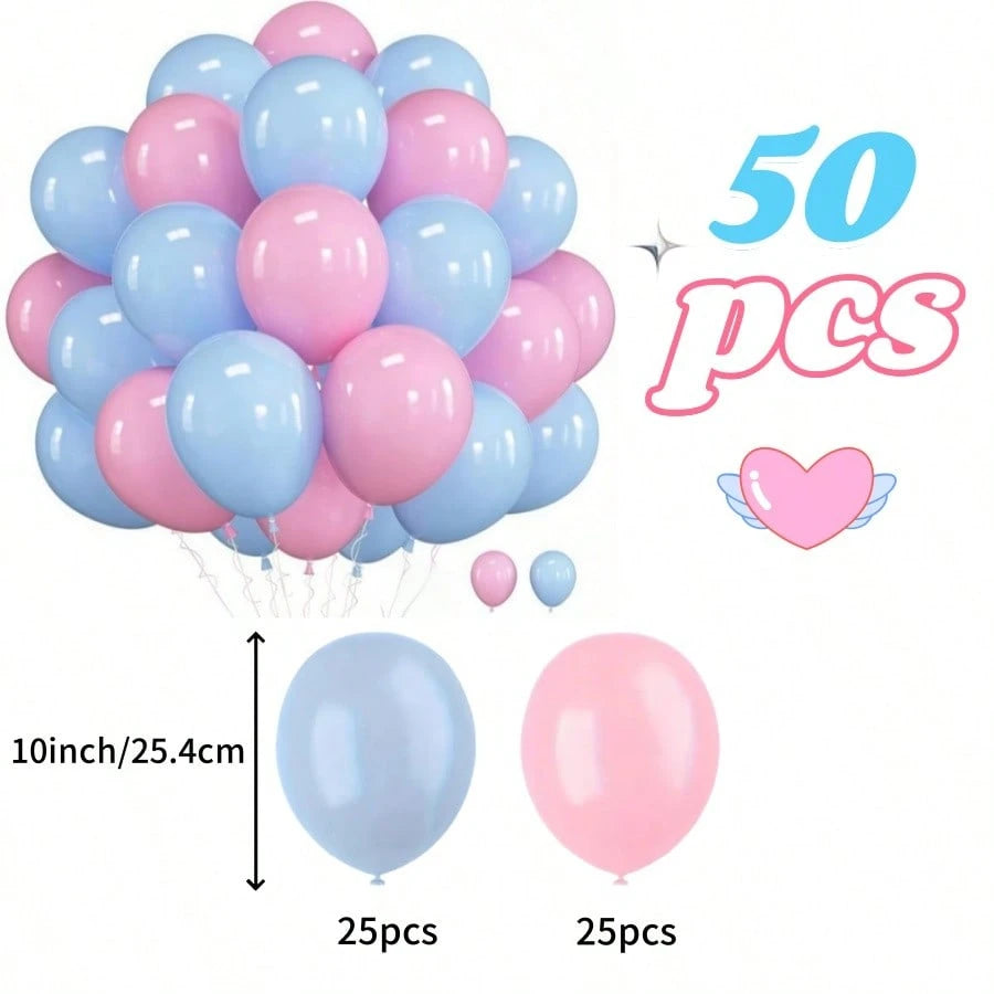 50pcs 10-Inch Pink And Blue Latex Balloons, Suitable For Gender Reveal, Anniversary, Birthday Party, Princess Decorations, Weddings, Indoor And Outdoor Decorations