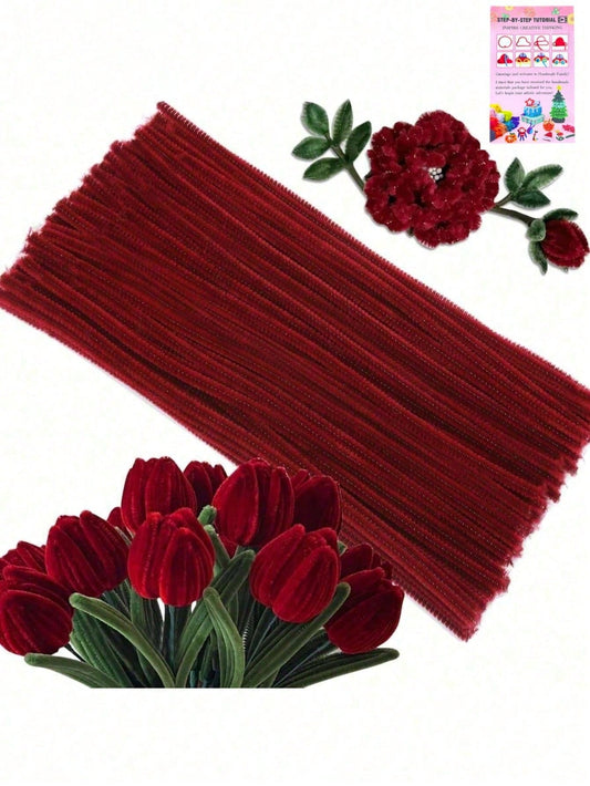 51/101/201/301Pcs Creative Red Craft Pipe Cleaners Supplies, Craft And Tutorial Cards, Chenille Stem Pipe Cleaner Flowers, Holiday Decoration Making