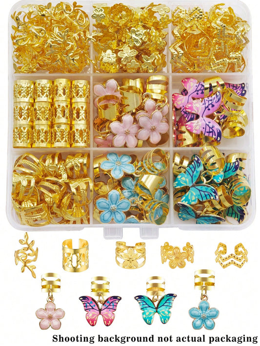 54pcs Flower-Shaped Wavy Hair Rings With Colorful Butterflies And Camellias- Multi-Shape Adjustable Hair Bands, Women's Dreadlock Hair Accessories