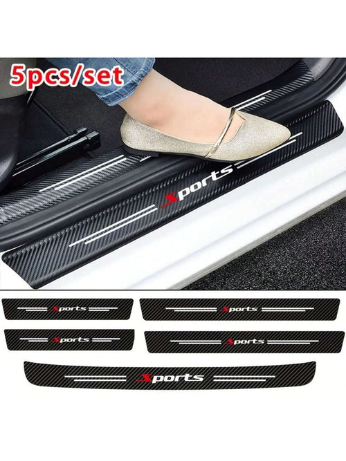 5Pcs PU Leather Carbon Fiber Pattern Door Sill Protectors- Self-Adhesive, Scratch-Resistant Door Entry Guards, Universal Fit, Car Trunk Bumper Edge Guard Decals For Sports Vehicles