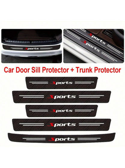 5Pcs PU Leather Carbon Fiber Pattern Door Sill Protectors- Self-Adhesive, Scratch-Resistant Door Entry Guards, Universal Fit, Car Trunk Bumper Edge Guard Decals For Sports Vehicles