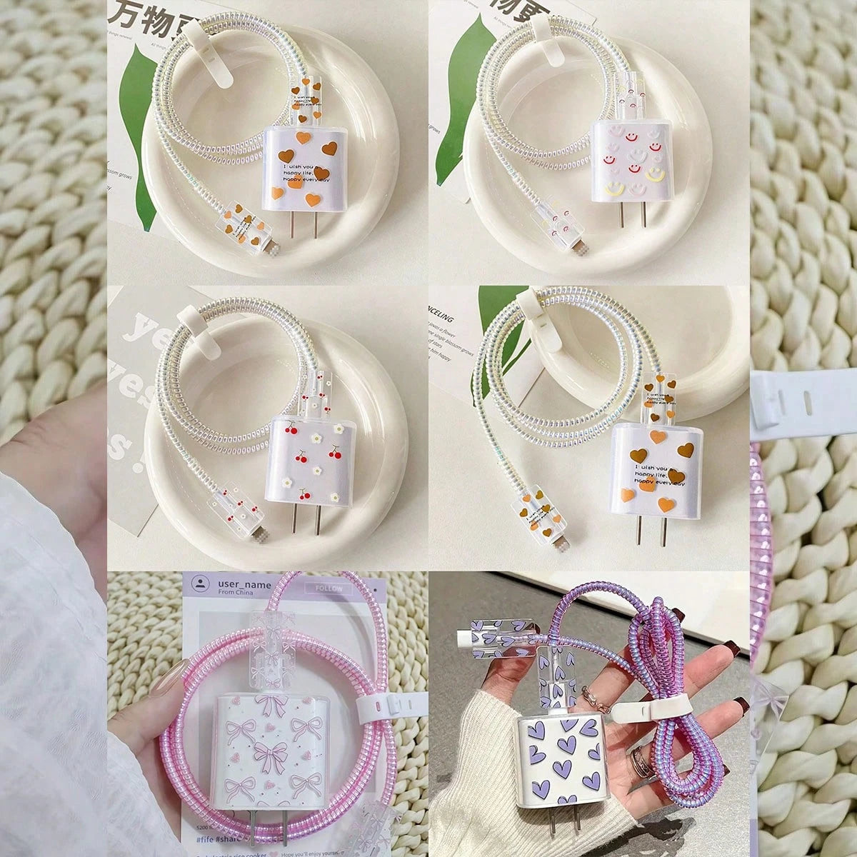 5PCS Set Compatible With IPhone 17 16 14 15 Data Cable Heart Cherry Bow Expression Pattern Apple 20W Charger Protective Cover