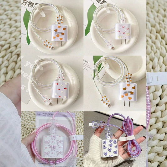 5PCS Set Compatible With IPhone 17 16 14 15 Data Cable Heart Cherry Bow Expression Pattern Apple 20W Charger Protective Cover
