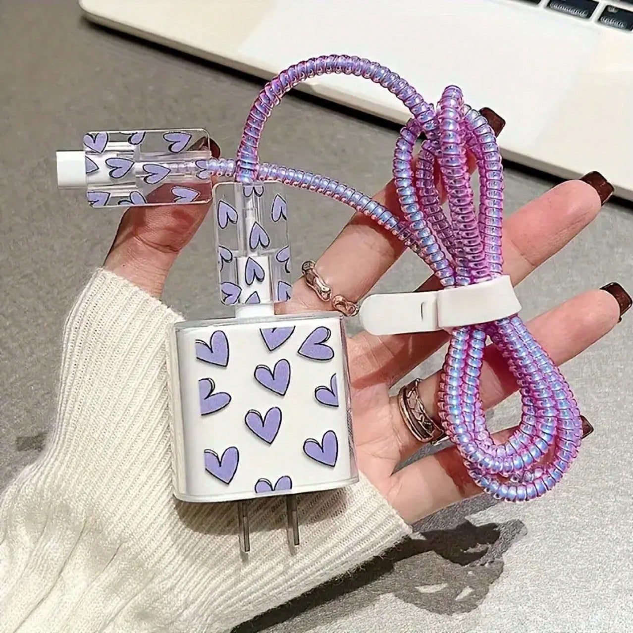 5PCS Set Compatible With IPhone 17 16 14 15 Data Cable Heart Cherry Bow Expression Pattern Apple 20W Charger Protective Cover
