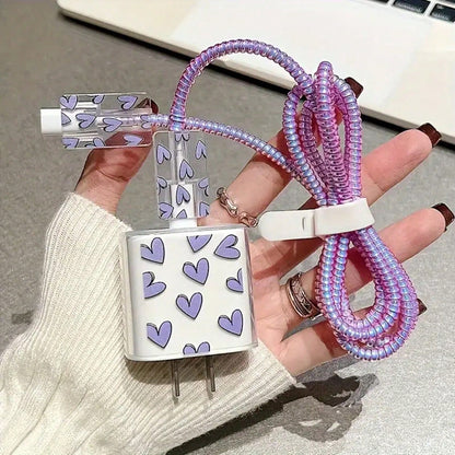 5PCS Set Compatible With IPhone 17 16 14 15 Data Cable Heart Cherry Bow Expression Pattern Apple 20W Charger Protective Cover