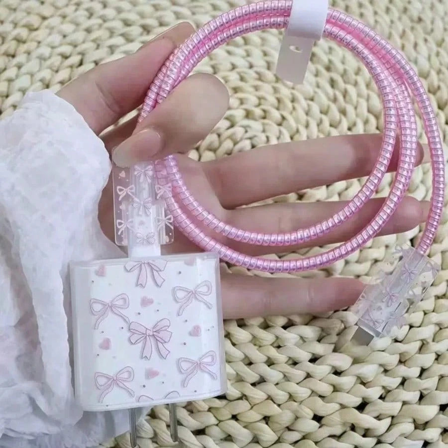 5PCS Set Compatible With IPhone 17 16 14 15 Data Cable Heart Cherry Bow Expression Pattern Apple 20W Charger Protective Cover