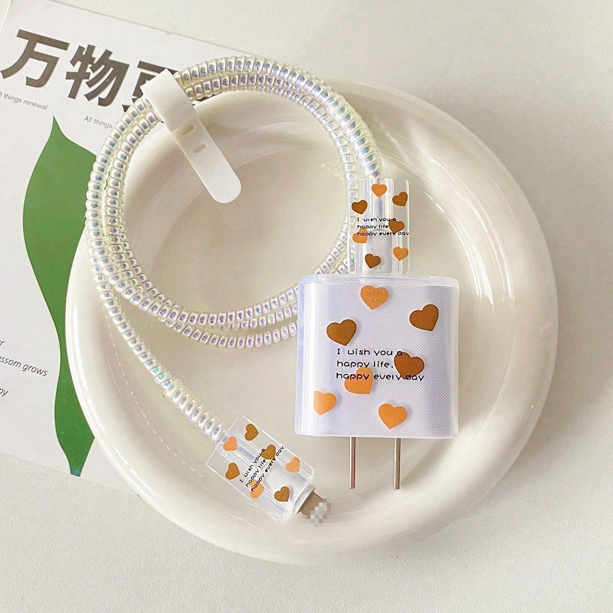 5PCS Set Compatible With IPhone 17 16 14 15 Data Cable Heart Cherry Bow Expression Pattern Apple 20W Charger Protective Cover