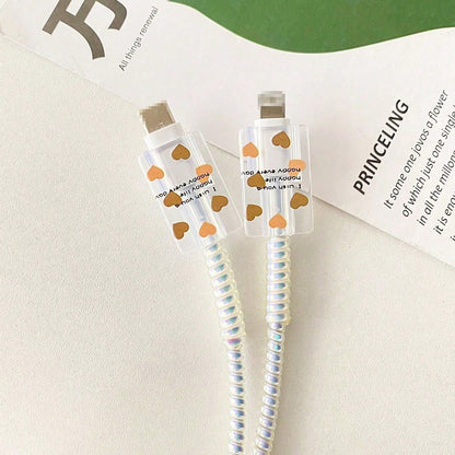 5PCS Set Compatible With IPhone 17 16 14 15 Data Cable Heart Cherry Bow Expression Pattern Apple 20W Charger Protective Cover