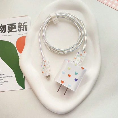 5PCS Set Compatible With IPhone 17 16 14 15 Data Cable Heart Cherry Bow Expression Pattern Apple 20W Charger Protective Cover