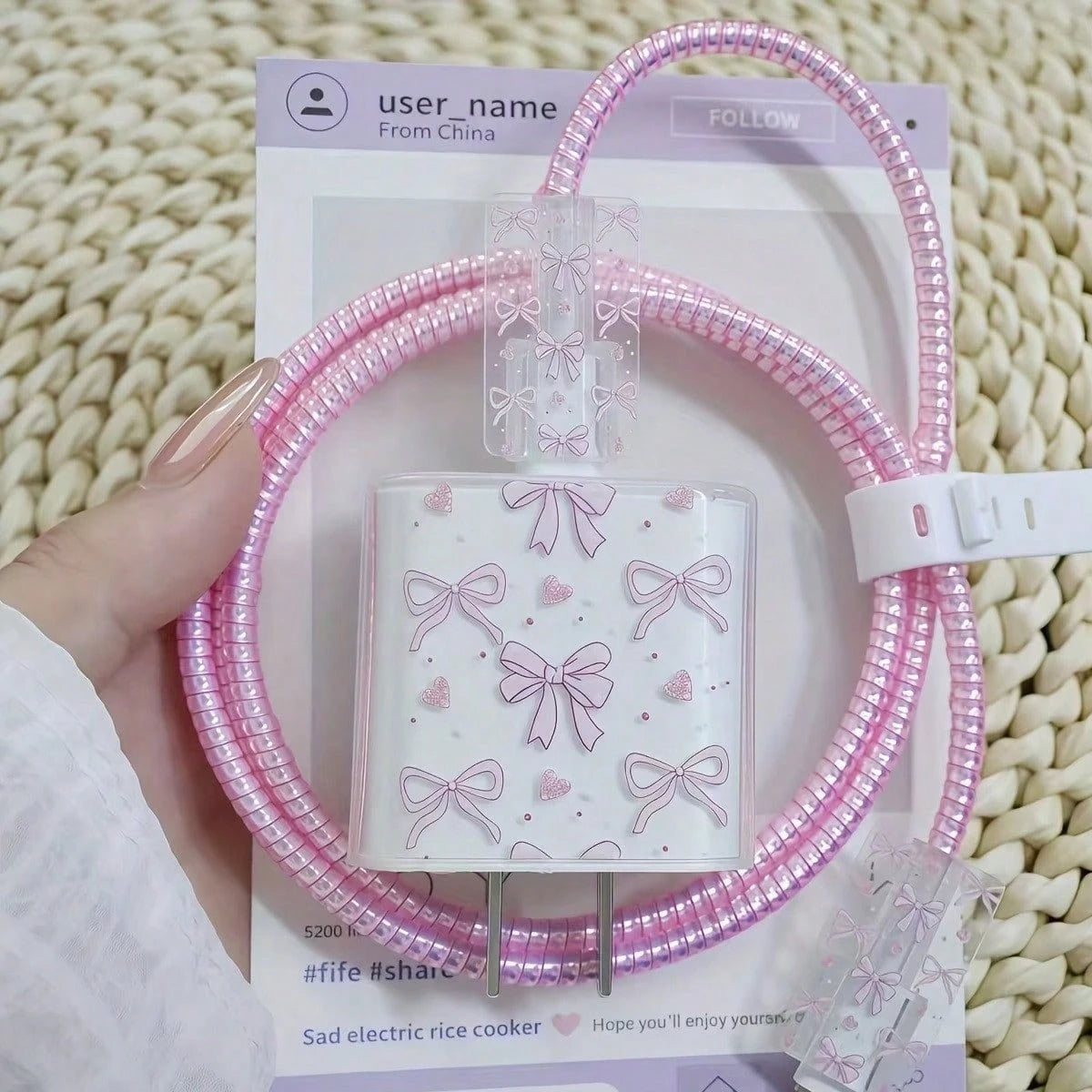 5PCS Set Compatible With IPhone 17 16 14 15 Data Cable Heart Cherry Bow Expression Pattern Apple 20W Charger Protective Cover