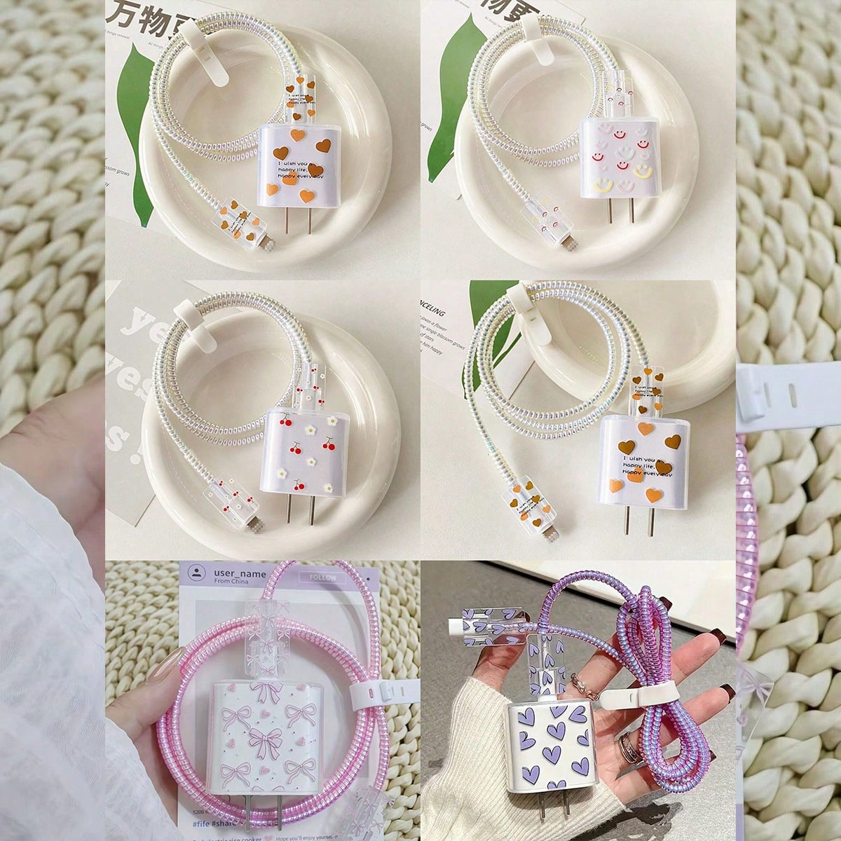 5PCS Set Compatible With IPhone 17 16 14 15 Data Cable Heart Cherry Bow Expression Pattern Apple 20W Charger Protective Cover