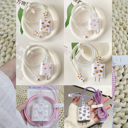 5PCS Set Compatible With IPhone 17 16 14 15 Data Cable Heart Cherry Bow Expression Pattern Apple 20W Charger Protective Cover