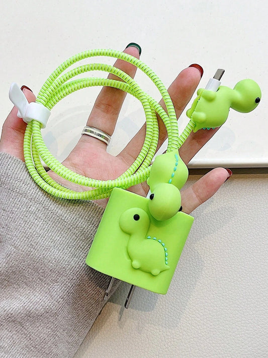 5pcs/Set Cute Green Dinosaur Cartoon Data Cable Kit, Including 1.5m Laser Winding Organizer, Fixture And TPU Charger Head Protector To Prevent Cable Breakage. Compatible With IPhone 12/13/14 20W Fast