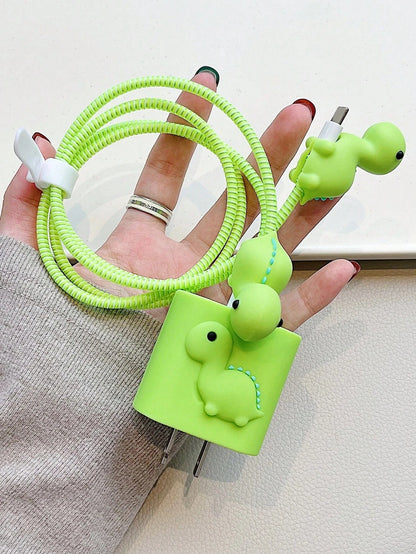 5pcs/Set Cute Green Dinosaur Cartoon Data Cable Kit, Including 1.5m Laser Winding Organizer, Fixture And TPU Charger Head Protector To Prevent Cable Breakage. Compatible With IPhone 12/13/14 20W Fast