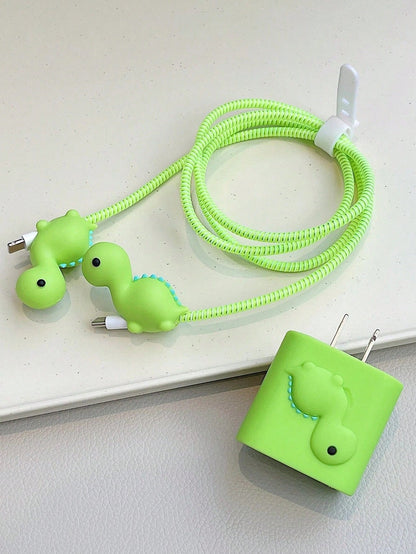 5pcs/Set Cute Green Dinosaur Cartoon Data Cable Kit, Including 1.5m Laser Winding Organizer, Fixture And TPU Charger Head Protector To Prevent Cable Breakage. Compatible With IPhone 12/13/14 20W Fast
