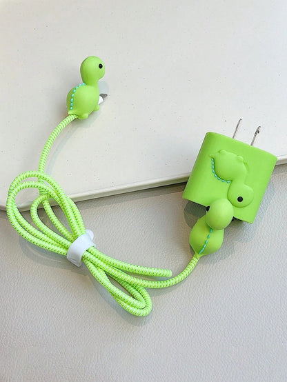 5pcs/Set Cute Green Dinosaur Cartoon Data Cable Kit, Including 1.5m Laser Winding Organizer, Fixture And TPU Charger Head Protector To Prevent Cable Breakage. Compatible With IPhone 12/13/14 20W Fast