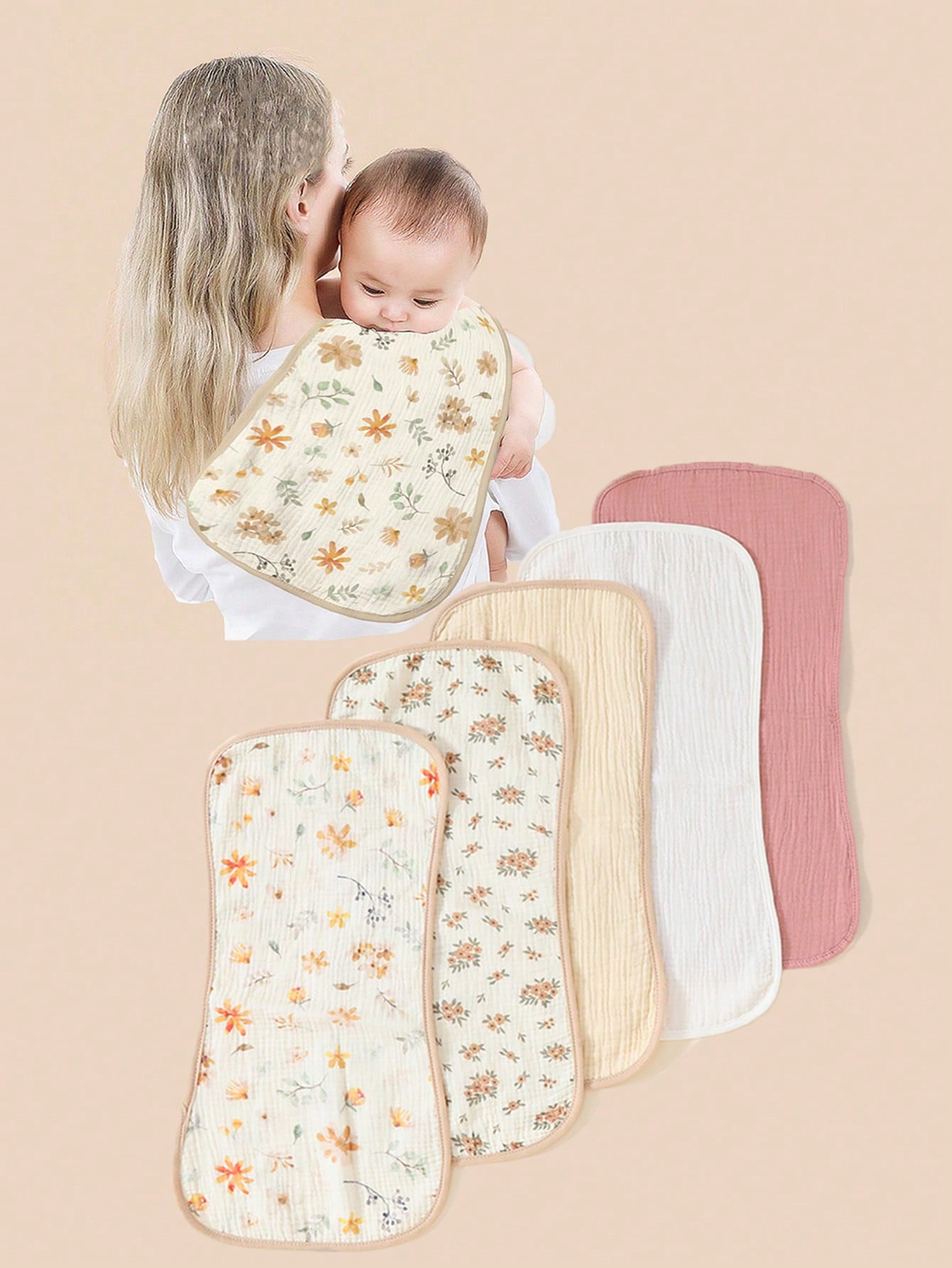 5pcs/Set Striped Soft Cotton Muslin Flower Pattern Baby Bibs/Burp Cloths For Girls