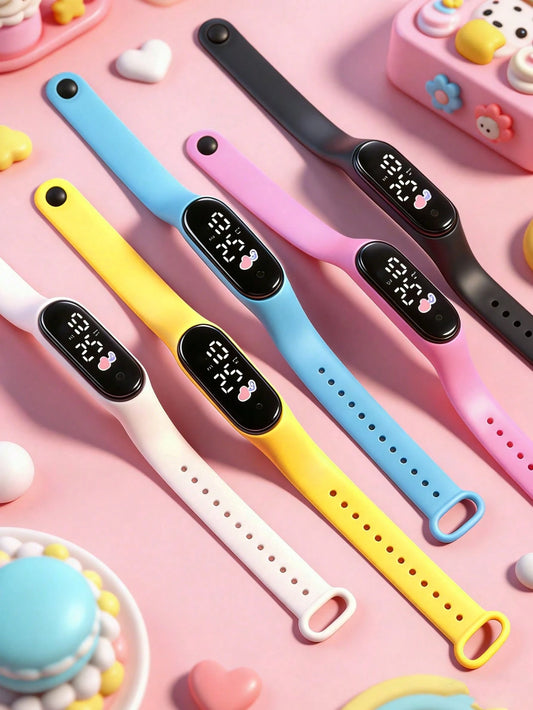 5pcs/Set TPU Silicone Strap Kids LED Digital Watch With Heart Shape, Time, Month, Year, Week Display, Suitable For School, Daily Wear, Holidays Gift