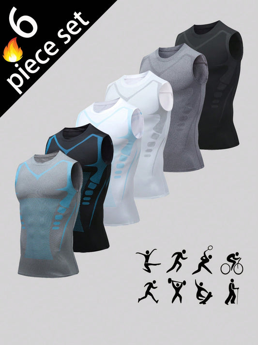 6-Piece Men's Sports Compression Tank Tops, Basketball Training T-Shirts, Sleeveless Design, Suitable For Sports Wear, Made Of Moisture-Wicking, Breat