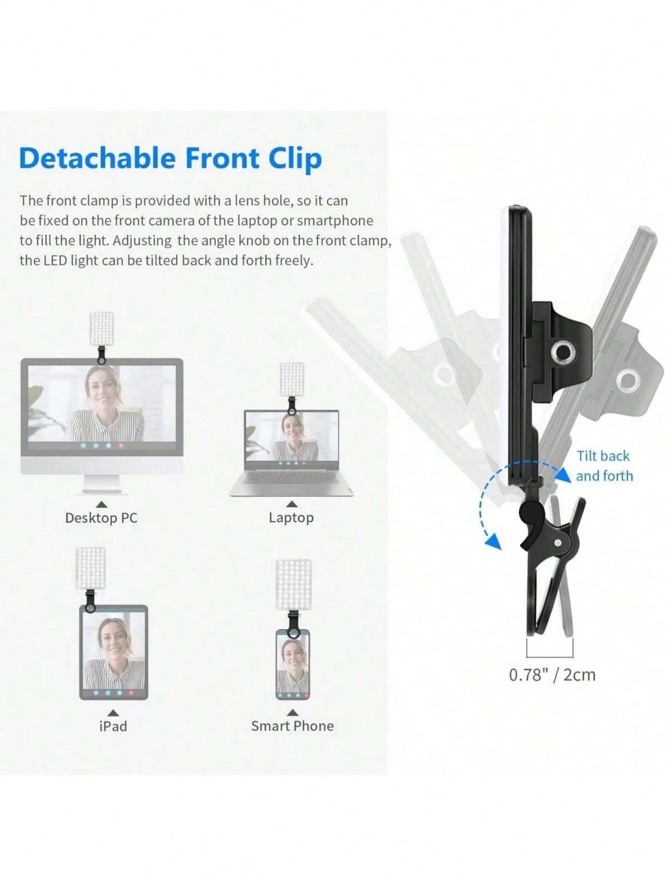 60 LED High Power Rechargeable Clip Fill Video Conference Light With Front & Back Clip, Adjusted 3 Light Modes For Phone, Compatible With IPhone, Android, IPad, Laptop, For Makeup,Selfie, Vlog